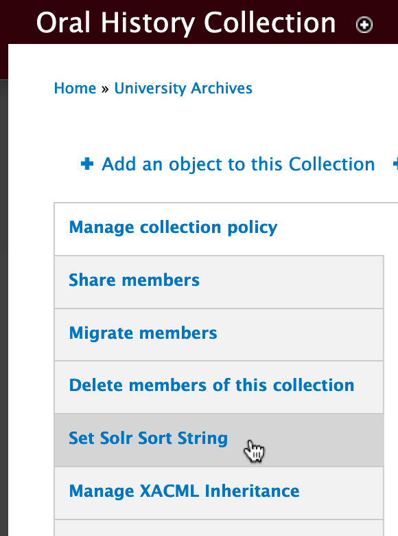 Set Solr Sort String tab in the left-hand navigation of the admin overlay